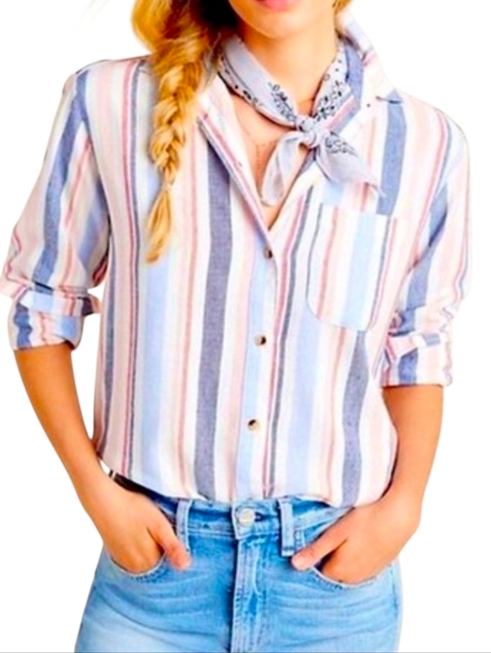 Anthropologie Maeve Pieced Stripe Long-Sleeve Shirt     Pastel Blue and Pink S